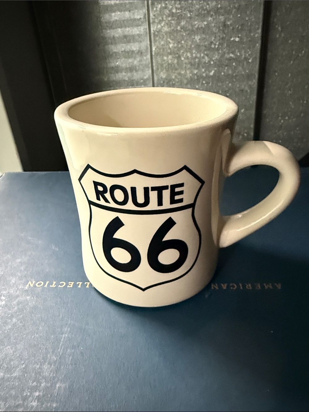 Route 66 Cream Ceramic Coffee Mug - Classic Road Sign Design